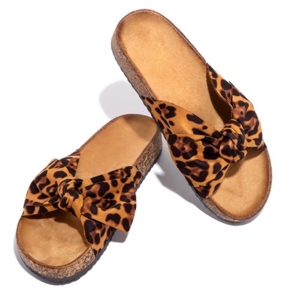 Leopard Print Bow Knot Cork Slides Sandals - Picture 5 of 8